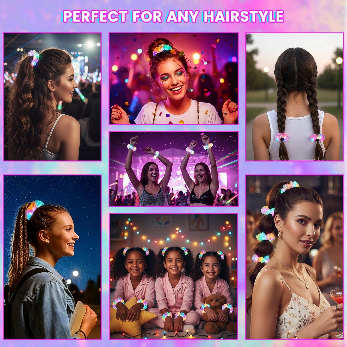 LovesTown 16PCS LED Scrunchies, Light up Scrunchies Multi Light Modes Glow in the Dark Hair Accessories for Women Rave Party Decorations