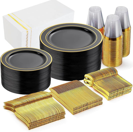GATHER 350PCS Black Plastic Plates - Disposable Dinnerware Set Include 100PCS Black and Gold Plastic Plates, 150 Silverware, 50 Napkins, 50 Cups for Halloween Party