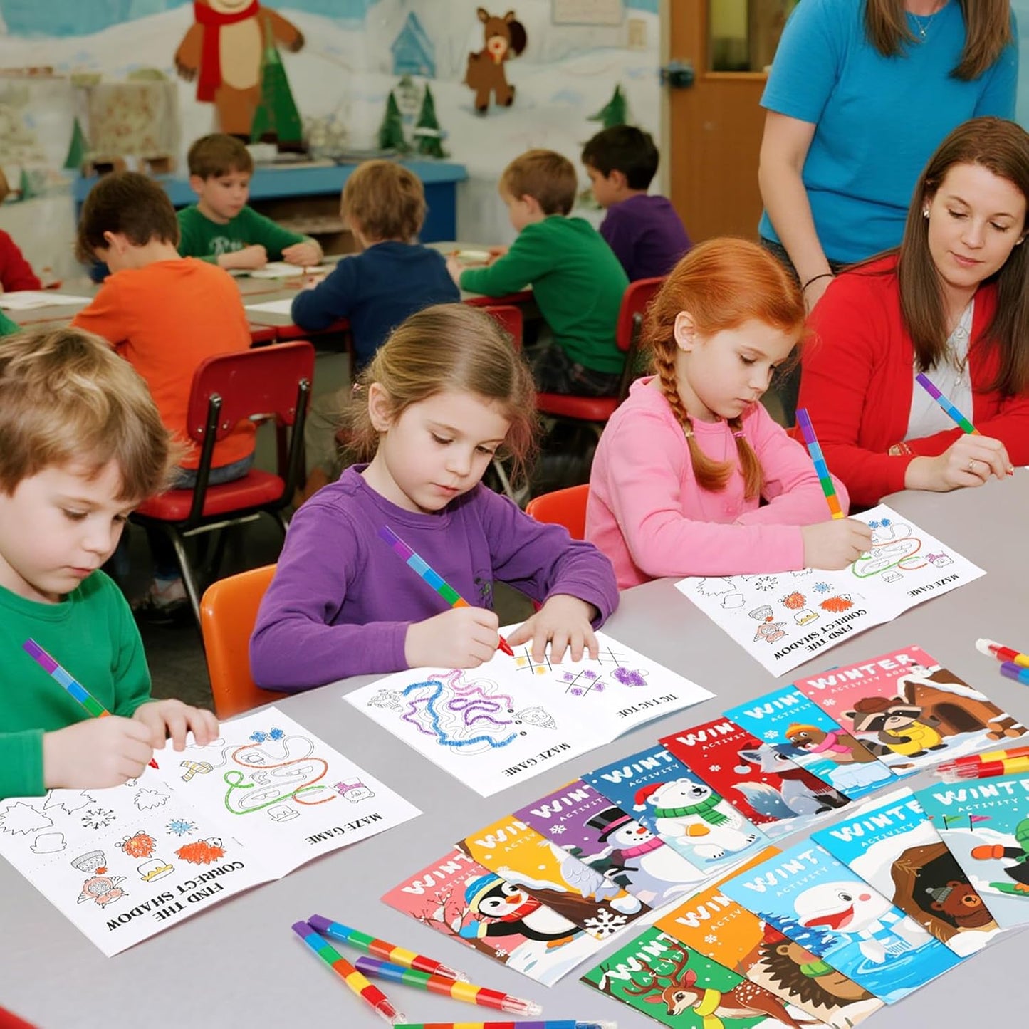 BenLouis 24 Winter Mini Activity Books with 24 Crayons for Kids ages 4-8-16 Holidays Party Favors Bulk Different Brain Game for Classroom Travel Craft Activities Penguins Goodie Bag Gift Stuffer