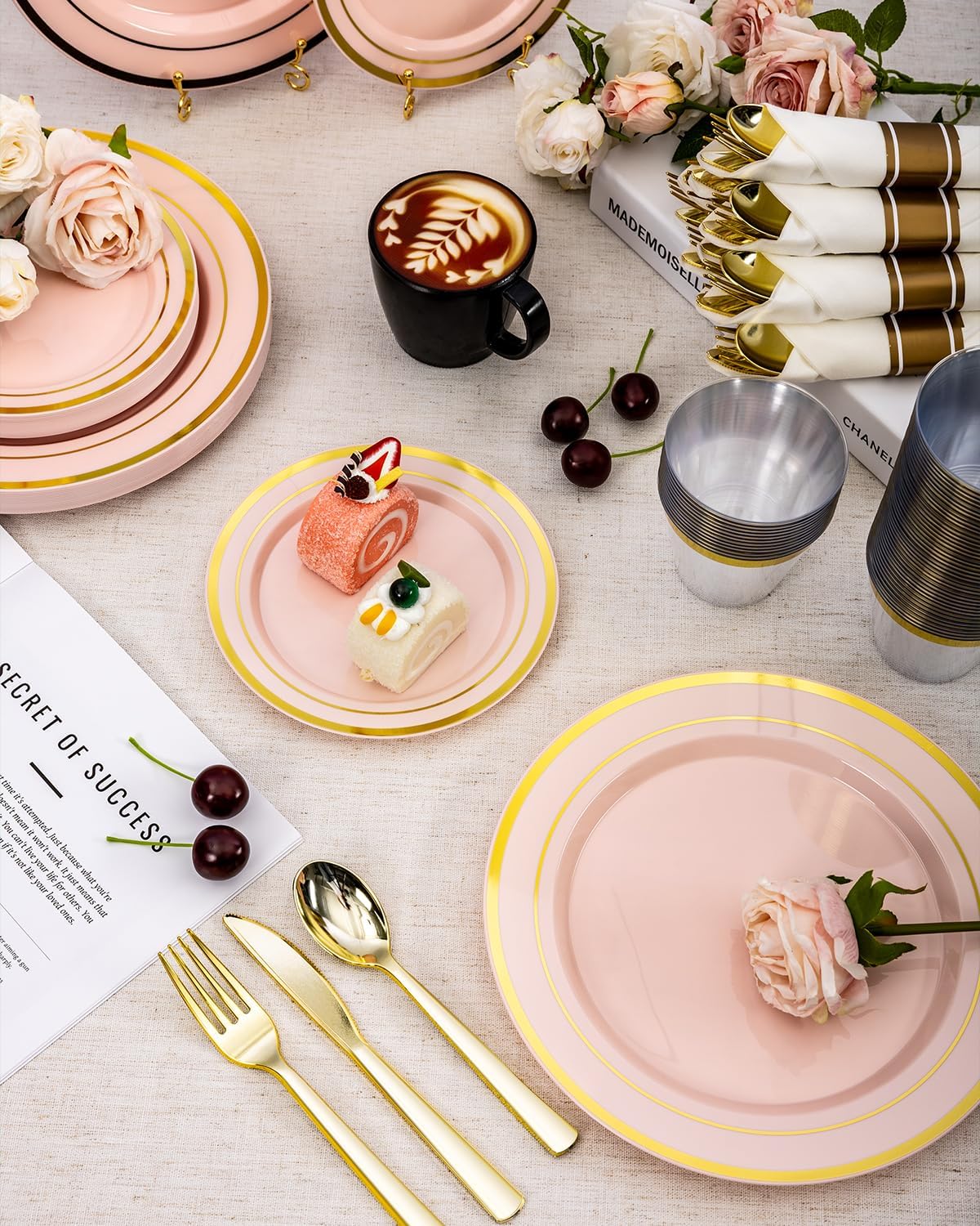 175PCS Pink Plastic Dinnerware Set, Disposable Party Plates for 25 Guests, Include: 50 Pink and Gold Plastic Plates, 25 Pre Rolled Napkins with Gold Silverware, 25 Cups for Wedding, Christmas