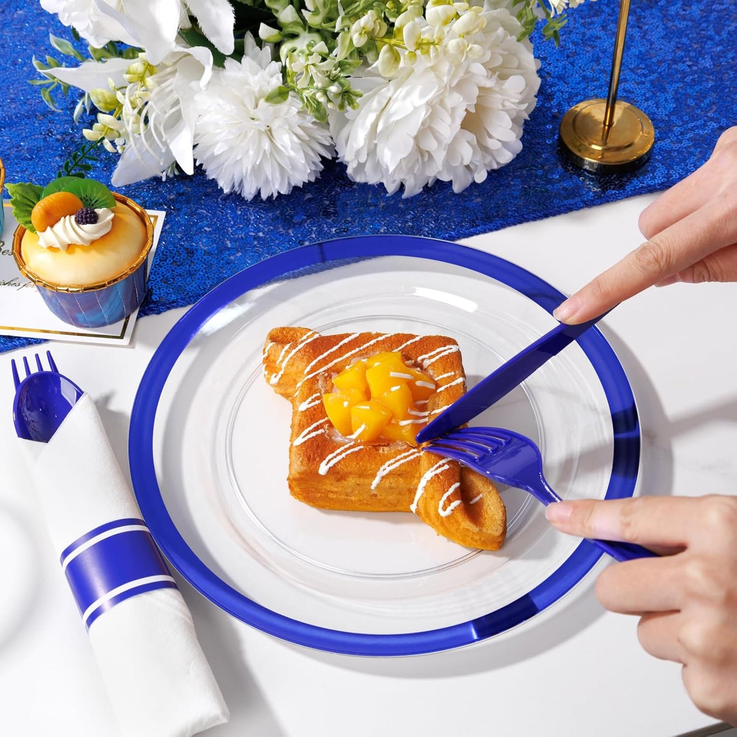 Liacere 350PCS Blue Plastic Plates - Clear with Blue Trim for 50Guests Dinnerware Include 100 Clear Plates disposable 150 Silverware 50Napkins for Wedding＆Back to School＆Labor Day&New Year