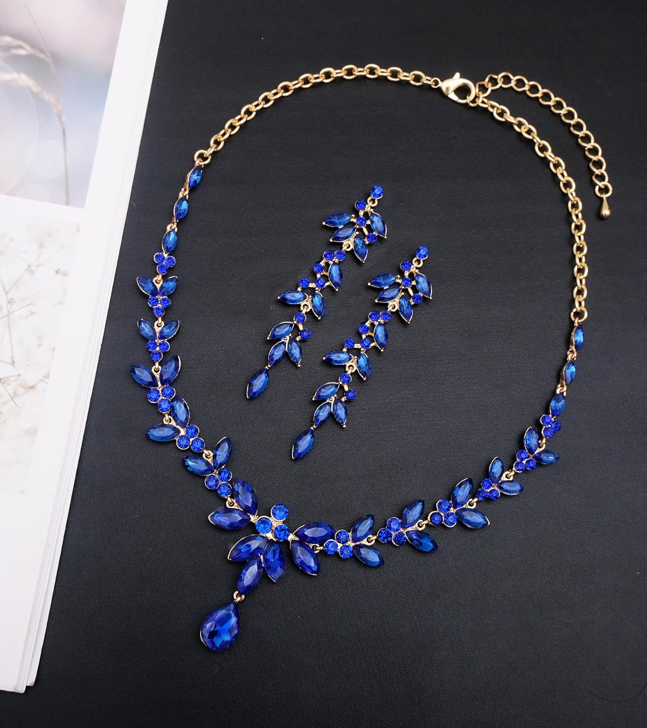 CSY 4 Pcs Elegant Bridal Jewelry Sets Austrian Marquise Crystal Wedding Necklace Dangle Earrings Tennis Bracelet Ring Set for Bride Women Costume Accessories