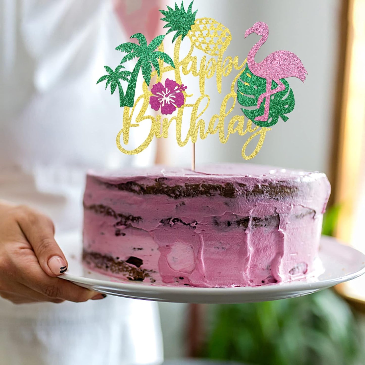 1 Pack Happy Birthday Cake Topper Tropical Hawaiian Luau Cake Pick Glitter Flamingo Plam Leave Pineapple Cake Decoration for Summer Baby Shower Birthday Party Supplies
