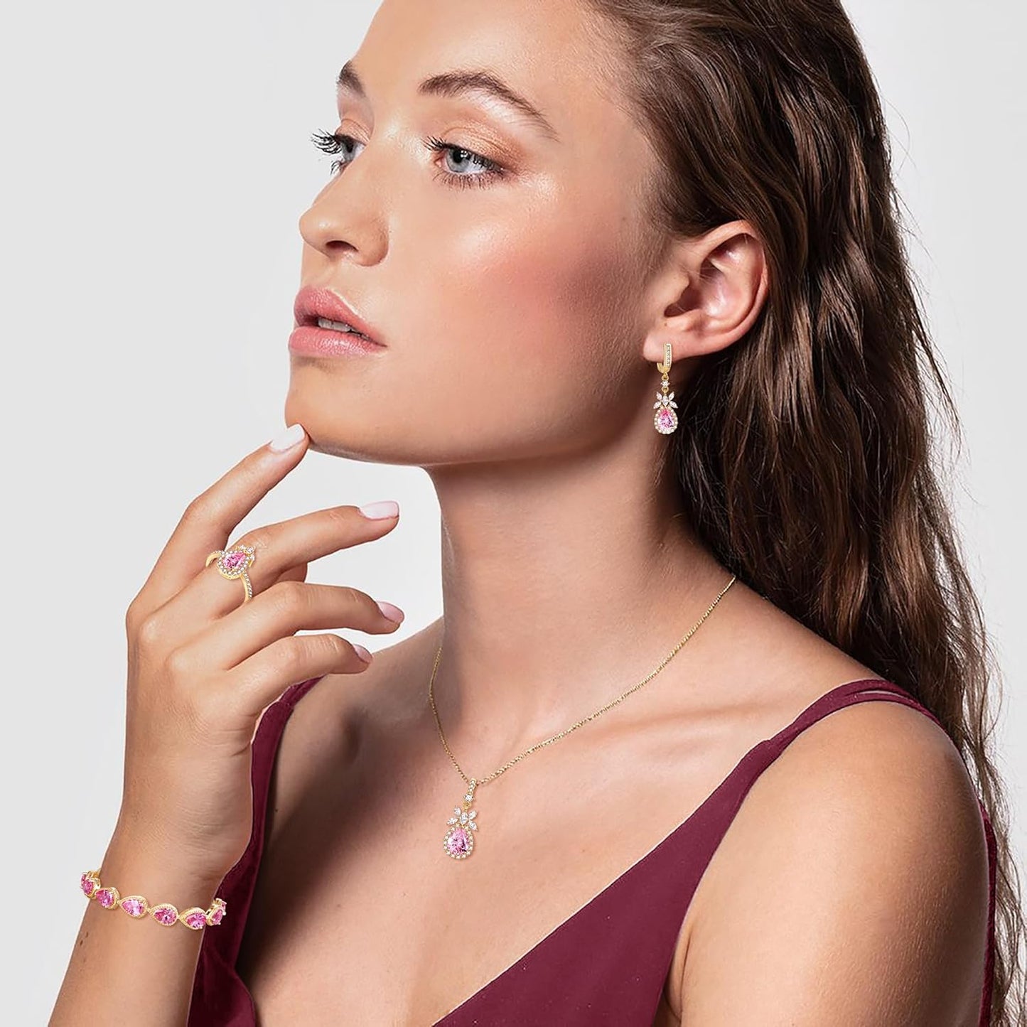 EleQueen Water Drop Pendant Necklace Long Dangle Earrings Tennis Bracelet Set, Sparkle Cubic Zirconia Teardrop Wedding Jewelry Sets for Bride Bridesmaid