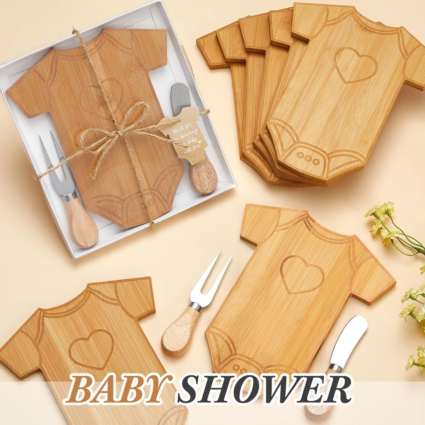 24 Set Baby Shower Gifts for Guests Clothing Shaped Charcuterie Board Set Thank You Tags with Box Mini Cheese Board Party Favors for Gender Reveal Favors Baby Shower Game Prizes (Bamboo Color)