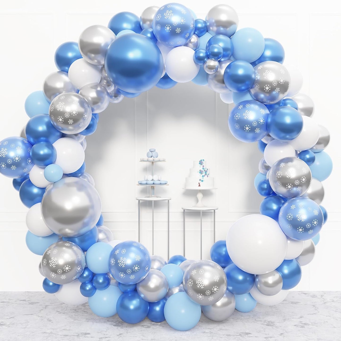 Amandir 153pcs Blue White Balloon Arch Garland Kit, Different Sizes 18 12 10 5 inch Blue Silver Latex Metallic Confetti Snowflake Balloons for Winter Wonderland Princess Baby Shower Party Decorations