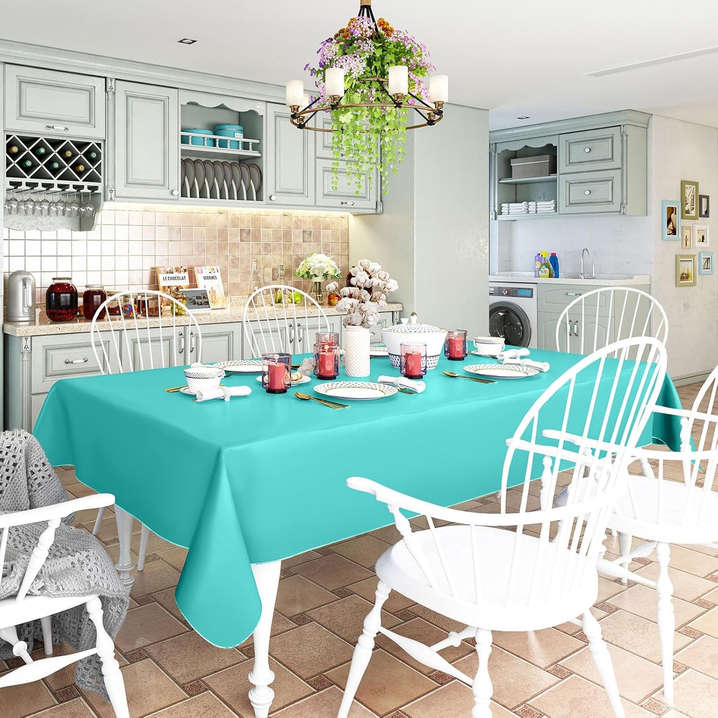 homing 2 Pack Rectangle Vinyl Tablecloth, Waterproof Spillproof Plastic Flannel Backed Table Cloth, Wipe Clean Table Cover for Dining, Buffet Parties and Camping (Teal, 52" x 70")