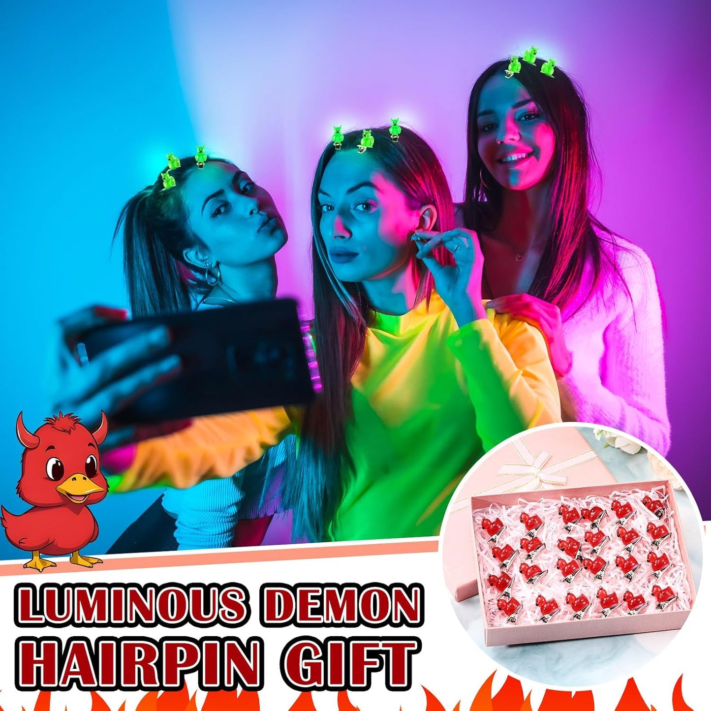 30 Pcs Mini Glow Hair Clips Girls Rave Hair Clips for Women Christmas Music Festival Holiday Party Supplies (Devil Duck)