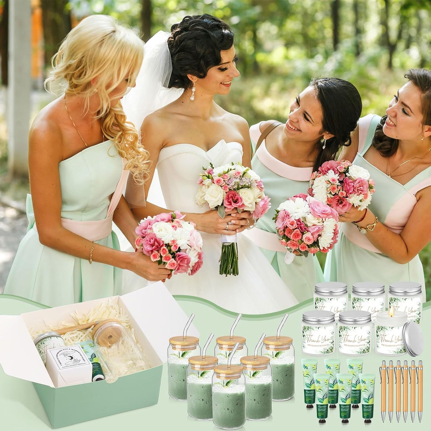 6 Sets Baby Shower Game Prizes for Winners, Glass Cup Scented Candles Hand Cream Pens Gift Box with Raffia for Baby Shower Wedding Bridal Favors for Guests(Green)