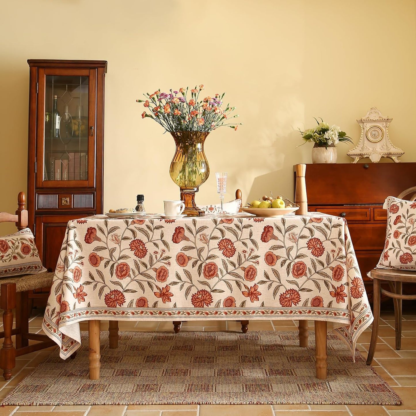 ISAENNE Designer French Small Square Tablecloth,Linen Orange Floral Pattern Indoor Table Cloth,Wrinkle Resistant Decor Table Cloth for Dining Thanksgiving Kitchen Party,55"*55"-Alvarado D
