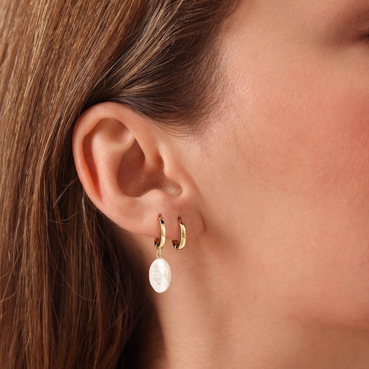 Moodear Gold Earrings for Women No Tarnish - Trendy 14K Gold Plated Pearl Hoop Studs Chain Earrings Stacks for Women Wedding Jewelry Gift