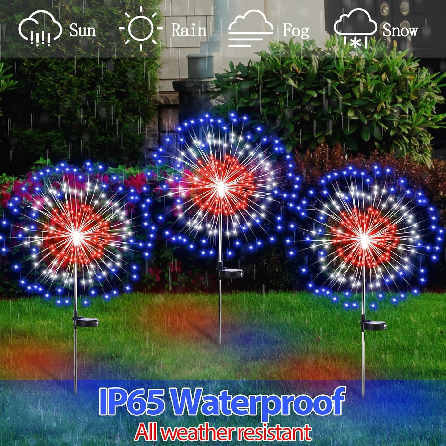 4 Pack Christmas Solar Firework Lights Decorations Garden Pathway Solar Power Light Stake Waterproof Landscape Lamp with 180 LED 8 Modes for Christmas Party Decoration(Red, White, Blue)