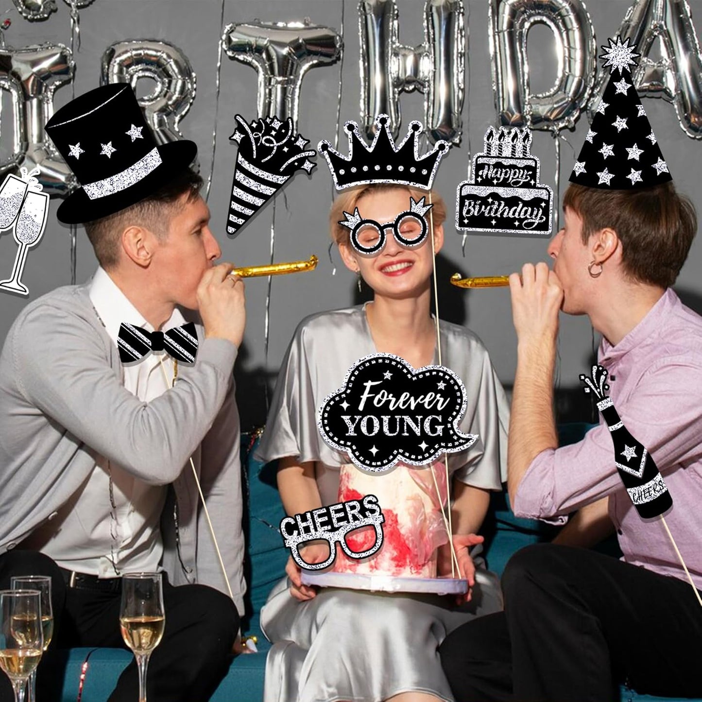 30 Pcs Silver Birthday Photo Booth Props Black Birthday Props 2026 Birthdays Decorations Backdrop Decorations Birthdays Props for Photography