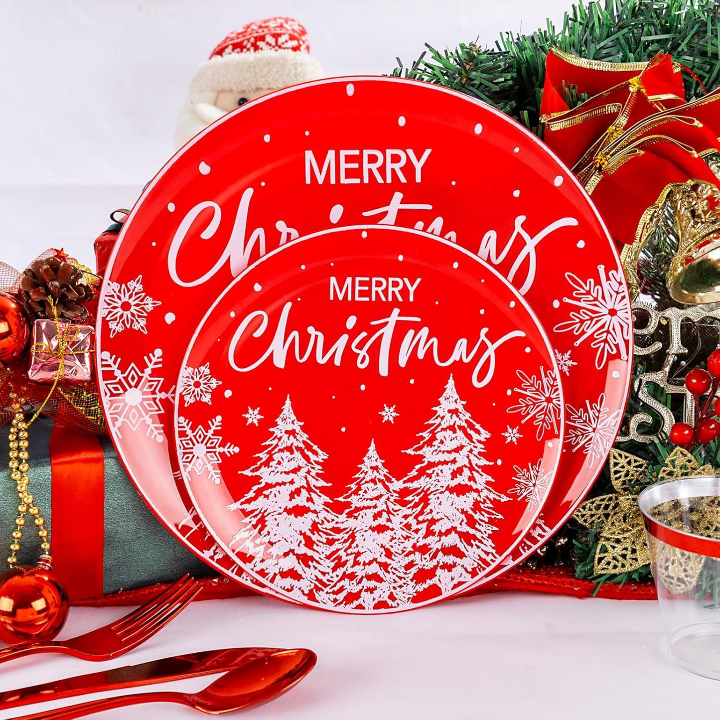I00000 210Pcs Christmas Plastic Plates - Red Disposable Plates with Red Plastic Silverware Include 60 Plates, 30 Forks, 30 Knives, 30 Spoons, 30 Cups, 30 Napkins for Xmas Party