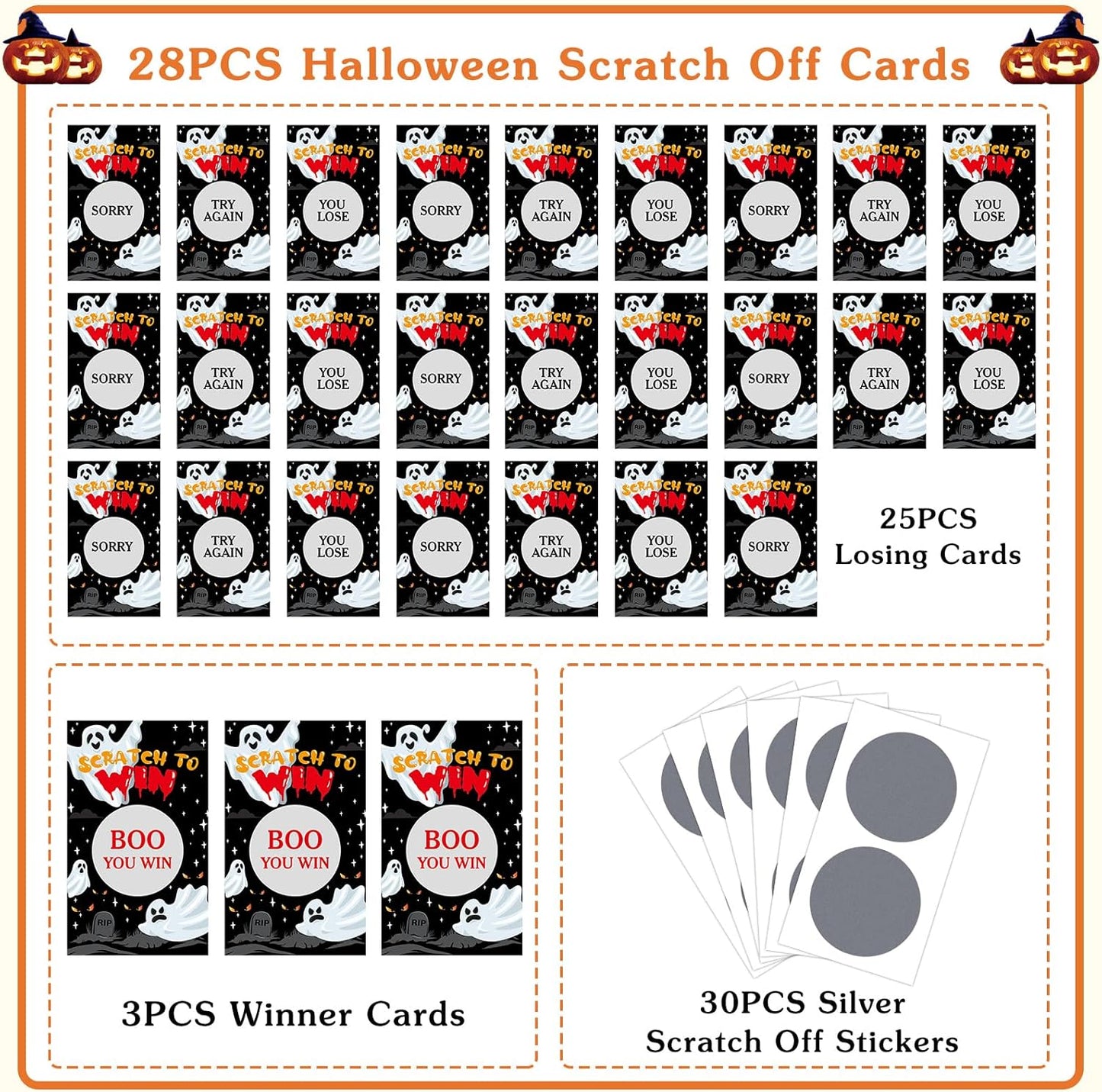 FLYAB Halloween Scratch Off Cards 28PCS Spooky Ghost Party Game Scratch Off Cards Halloween Party Game Scratch Off Cards Halloween Games Activity for Groups Kids Adults Halloween Holiday Game Supplies