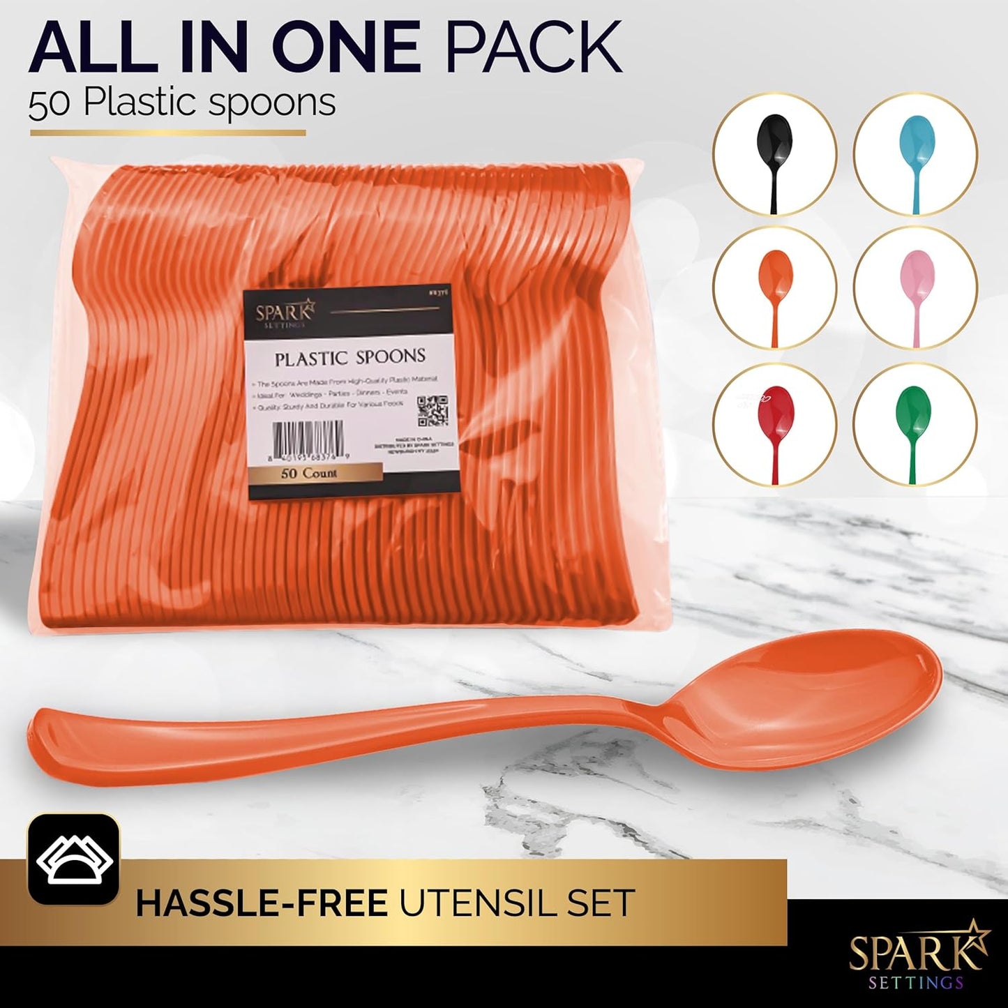 Disposable Orange Plastic Spoons - Heavy Duty, Ideal for Hot & Cold Food, Perfect for Home, Office, School, Parties & Weddings - 50 Pack