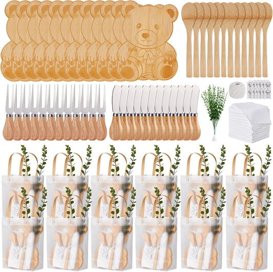 Baby Shower Prizes for Game Winners Bear Shaped Cheese Board Gift with Spoons Butter Spreaders Gift Bags Kitchen Towels Bridal Shower Party Favors for Guests (Bear Shaped, 12 Sets)