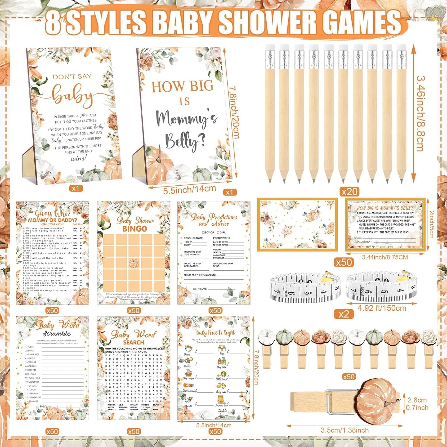 426 Pcs Little Pumpkin Baby Shower Games Set-8 Games, Includes Baby Shower Bingo, Price, Guess Who, Word Scramble, Prediction and Advice, How Big is Mommy's Belly, Don't Say The Words