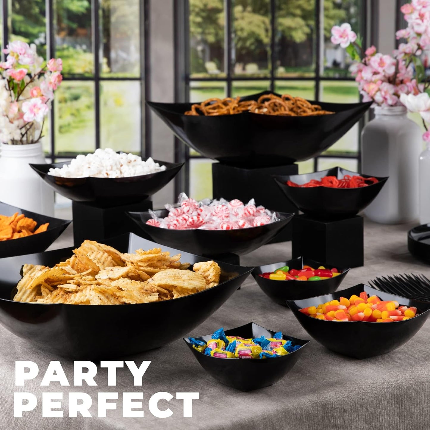 PLASTICPRO Disposable Square Serving Bowls, Party Snack or Salad Bowl, Plastic Black Pack of 4, 64 OUNCE, Black