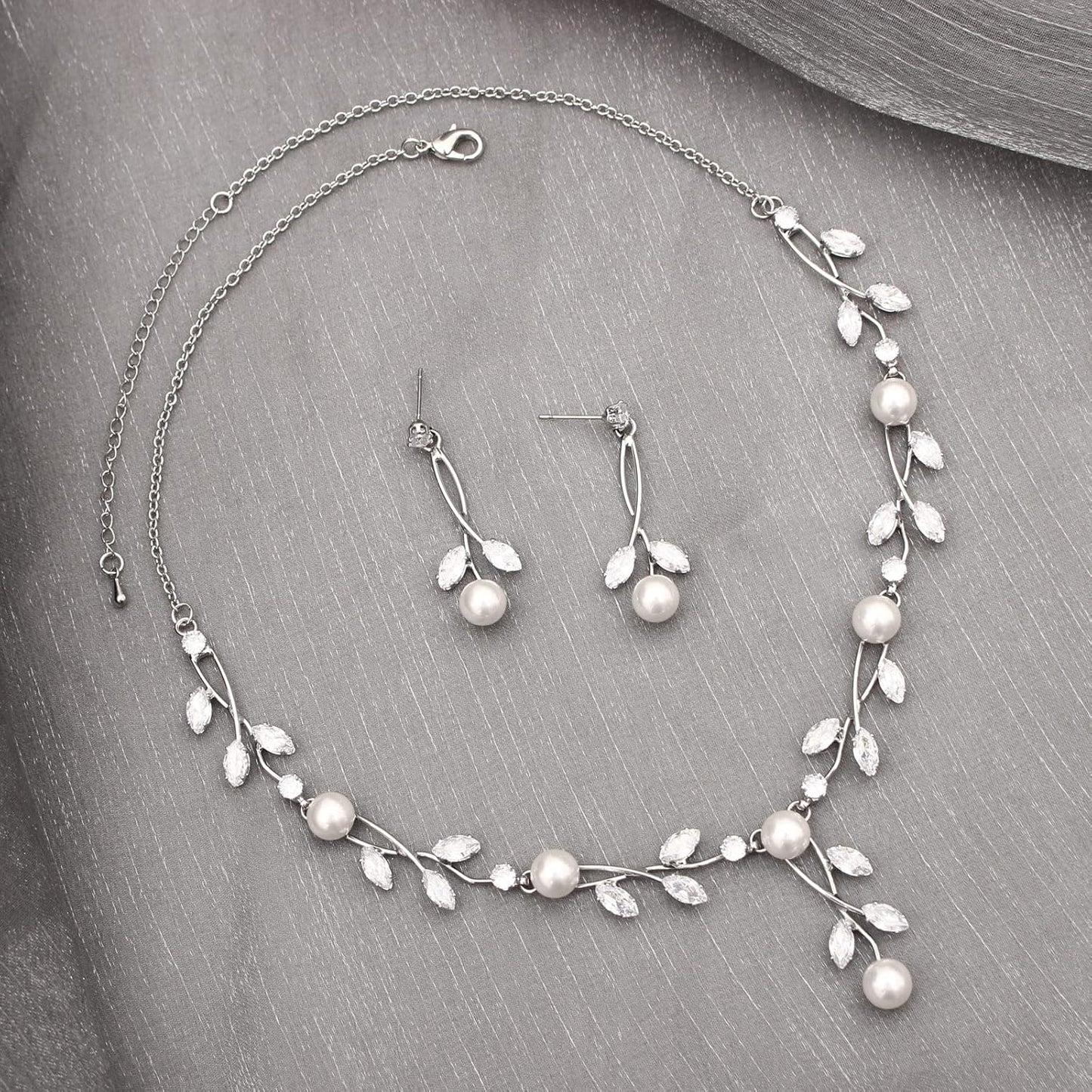 Luxury Cubic Zirconia Aurtrian Crystal Pearl Floral Necklace Dangle Earrings Wedding Bridal Jewelry Set Birthday Gifts for Her