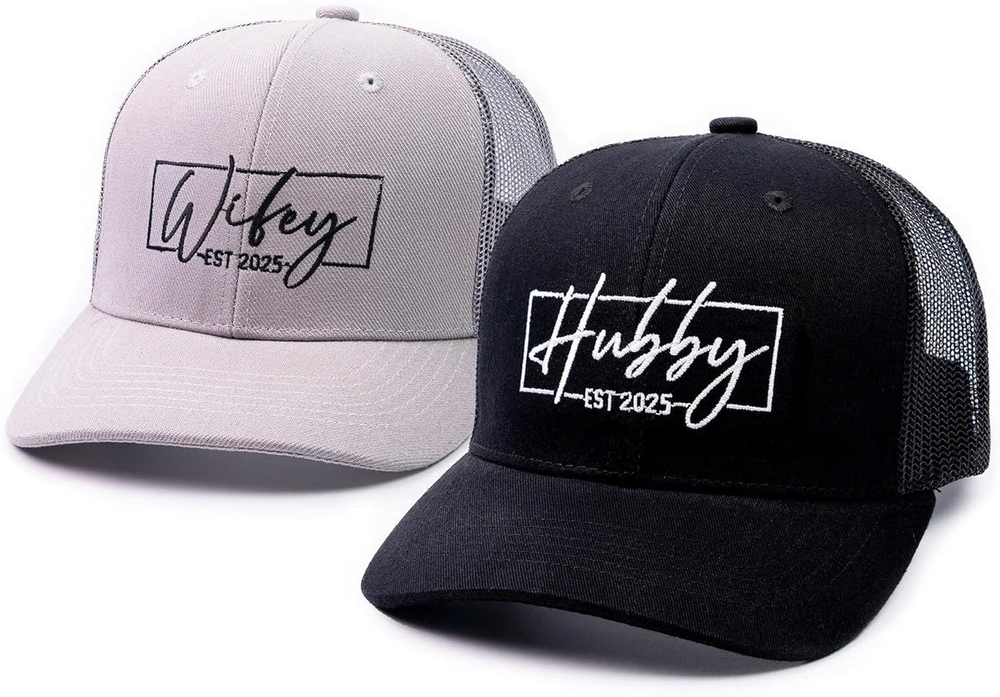Hubby & Wifey EST 2025 Trucker Hat Set – Matching Hats for Couples, Bridal Shower Gifts, Wedding Keepsakes, Newlywed for Him & Her