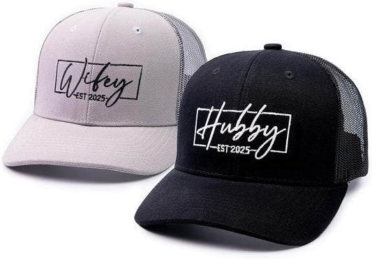 Hubby & Wifey EST 2025 Trucker Hat Set – Matching Hats for Couples, Bridal Shower Gifts, Wedding Keepsakes, Newlywed for Him & Her