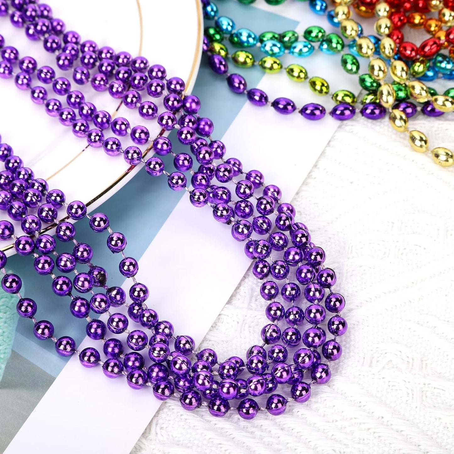 48 Pack Mardi Gras Beads Necklaces, 33 Inch Plastic Beads for Party Favors, Festival Decorations, Parade Throws, Christmas, St. Patrick's Day Celebrations