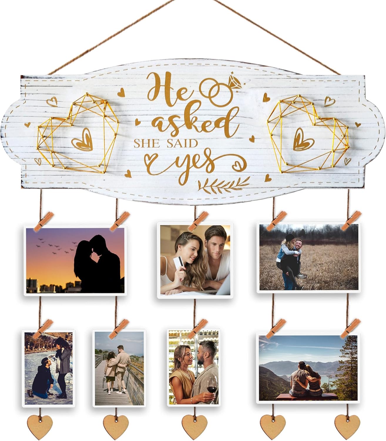 Yudarte Wedding Engagement Gifts for Women Bride to Be - Romantic Wall Picture Organizer with Clips and Twine For Newly Engaged Couples - He Asked,She Said Yes