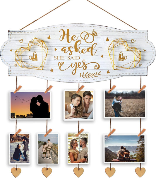 Yudarte Wedding Engagement Gifts for Women Bride to Be - Romantic Wall Picture Organizer with Clips and Twine For Newly Engaged Couples - He Asked,She Said Yes