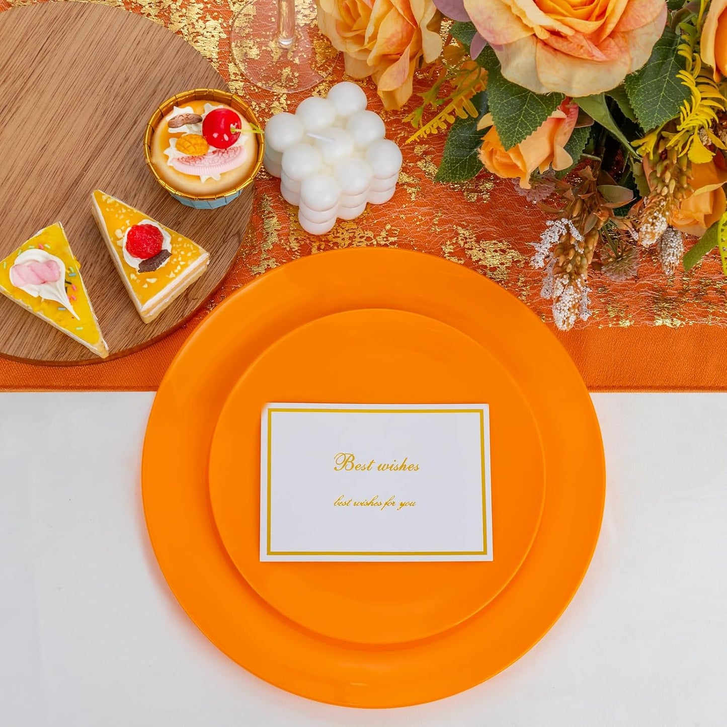 PULOTE 100PCS Orange Plastic Plates - Premium Hard Orange Disposable Include 50 Each(10.25 Inch Dinner & 7.5 Inch Dessert) Plates, Ideal for Thanksgiving Party