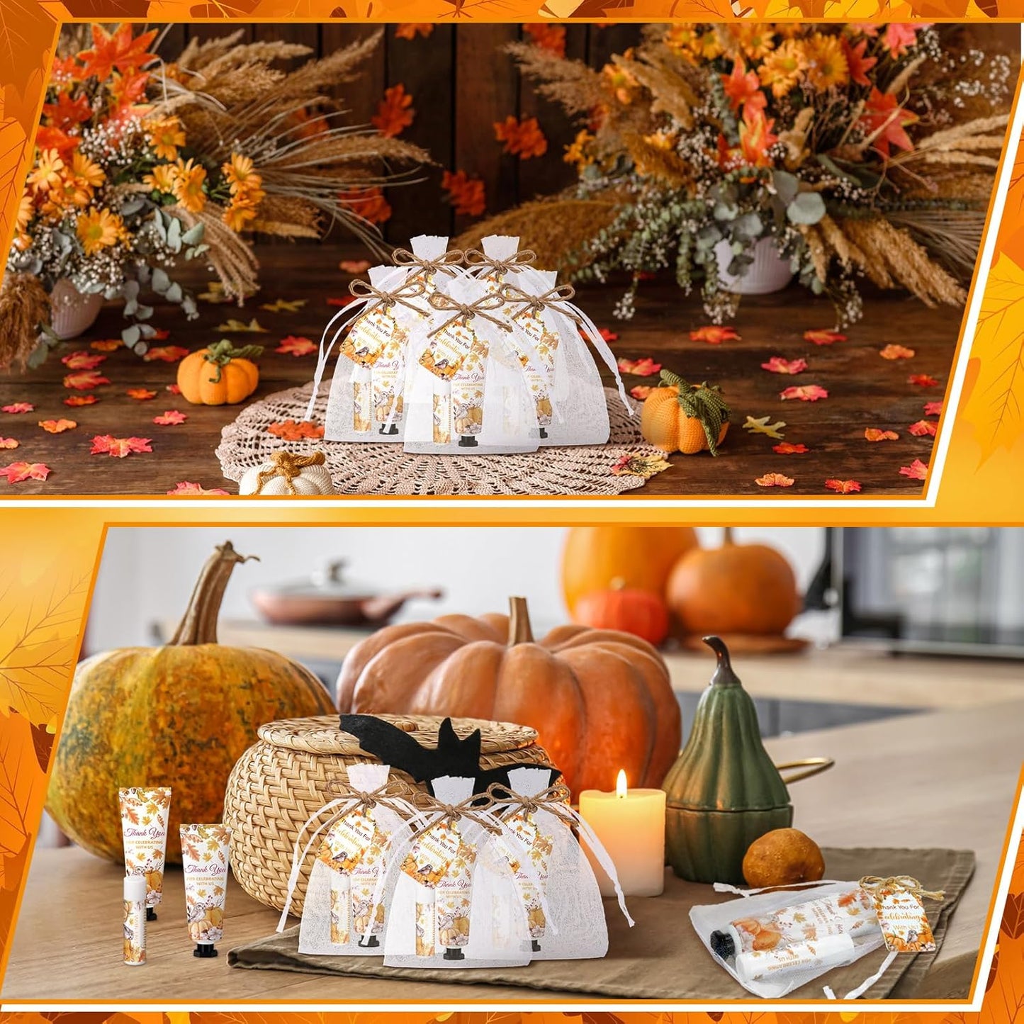 48 Sets 192 Pcs Thanksgiving Pumpkin Hand Cream and Lip Balm Fall Party Favors Gifts for Guests Pumpkin Bridal Baby Shower Wedding Party Favor with Thank You Card Organza Bags Travel Size