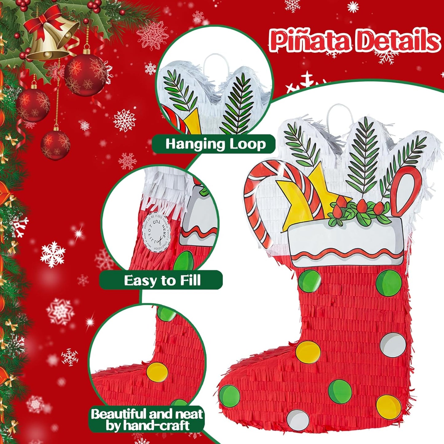 PCFING 21.6 Inch Christmas Stocking Piñata with 30 Inch Piñata Stick Blindfold Confetti for Boy Girl Adults Xmas Party Game Decorations