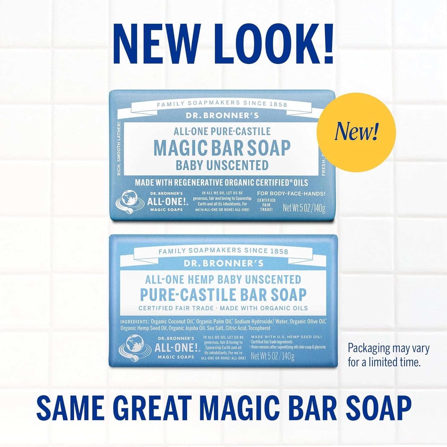 Dr. Bronner's Pure-Castile Magic Bar Soap (Baby Unscented, 5 Ounce, 12-Pack) - Made with Regenerative Organic Certified Oils, Gentle for Sensitive Skin & Babies, Non-GMO, Vegan