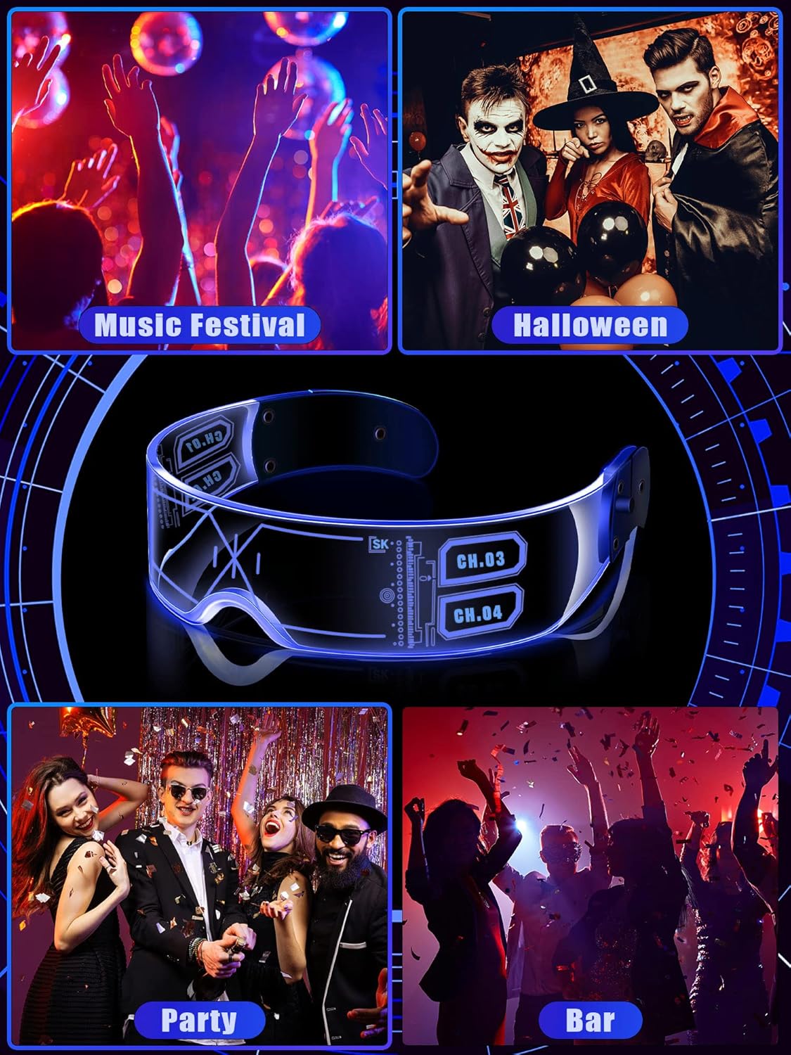 TOODOO 4 Pairs LED Visor Glasses Light up Glasses Futuristic Luminous Rave Glasses 7 Colors 4 Modes for Club Christmas Party