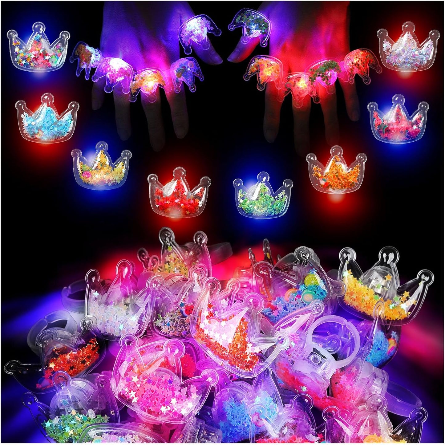 TUWUNA Princess Party Favors 24 Pcs Glitter Crown LED Light Up Rings Glowing Finger Rings Toys for Princess Birthday Party Supplies Classroom Prizes Pinata Goodie Bag Stuffers Gifts