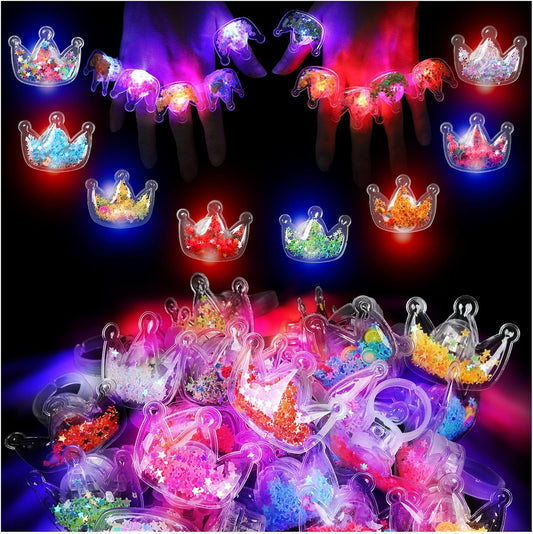 TUWUNA Princess Party Favors 24 Pcs Glitter Crown LED Light Up Rings Glowing Finger Rings Toys for Princess Birthday Party Supplies Classroom Prizes Pinata Goodie Bag Stuffers Gifts