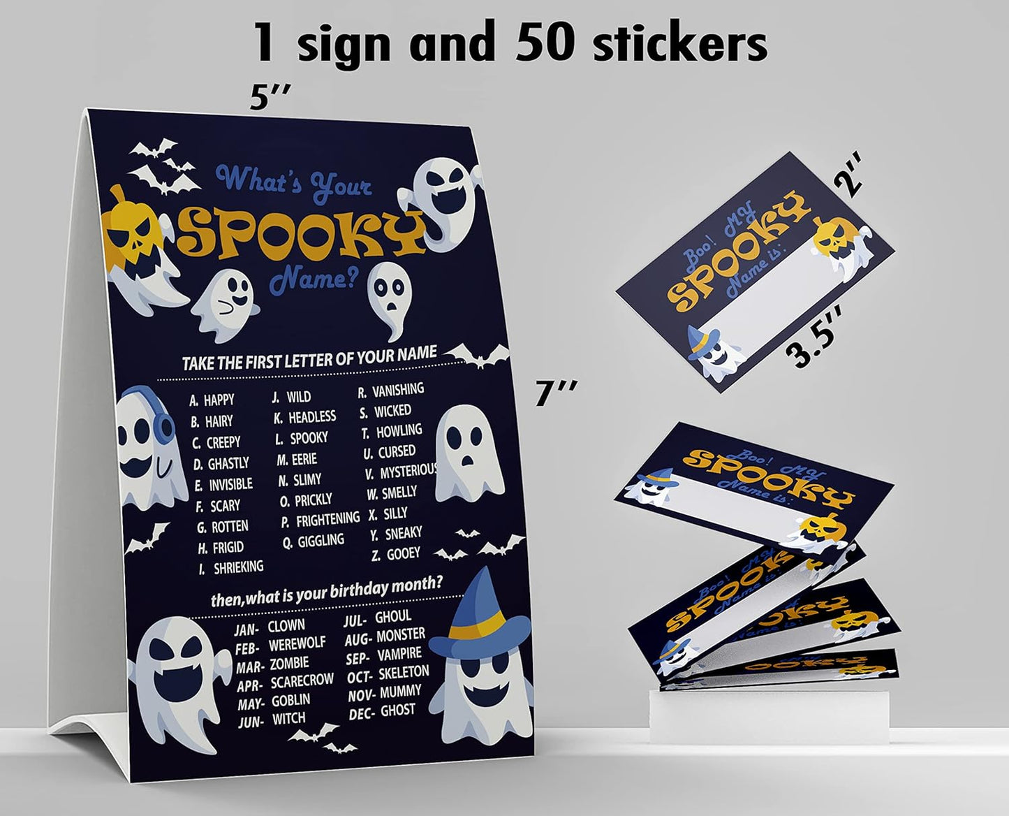 What's Your Spooky Name Game, 1 Spooky Theme Sign and 50 Name Tag Stickers, Halloween Party Games, Birthday Games for Adult Parties, Activity Game for Office or Group | JRKP010L