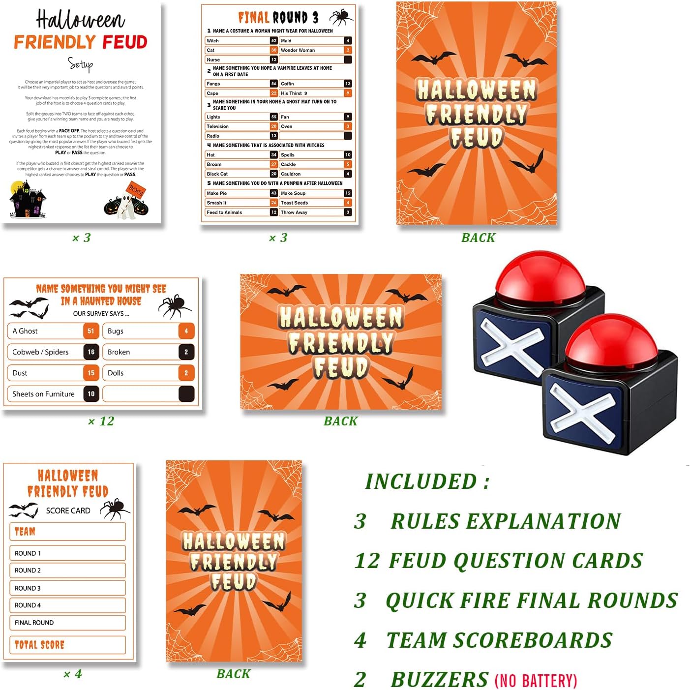 Halloween Friendly Feud Game with Two Buzzers, Halloween Party Supplies, Holiday Group Game - SC003-B