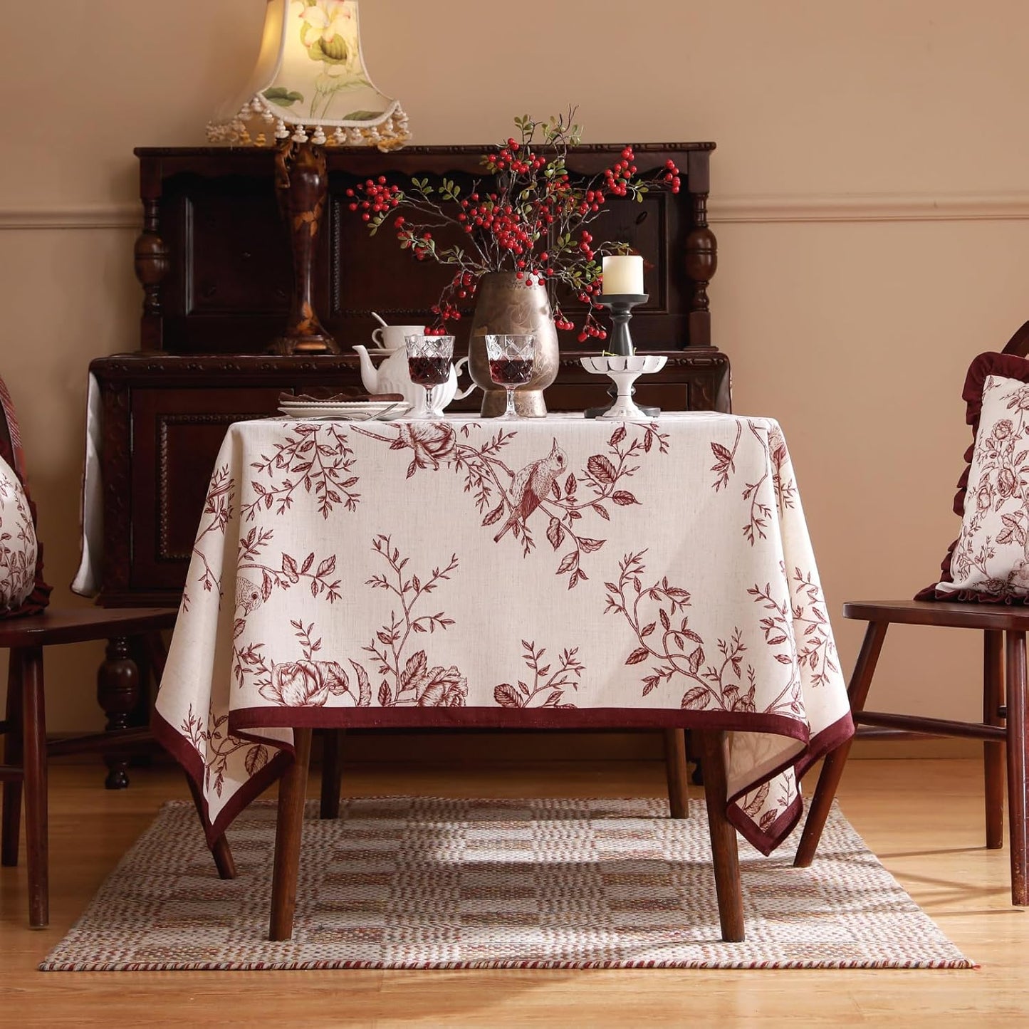 ISAENNE Designer Vintage Linen Square Tablecloth,Red Floral Pattern Linen Stain Resistant Table Cloth,Decor Tablecloths for Dining Thanksgiving Kitchen Christmas Party,67"*67"-Harmony