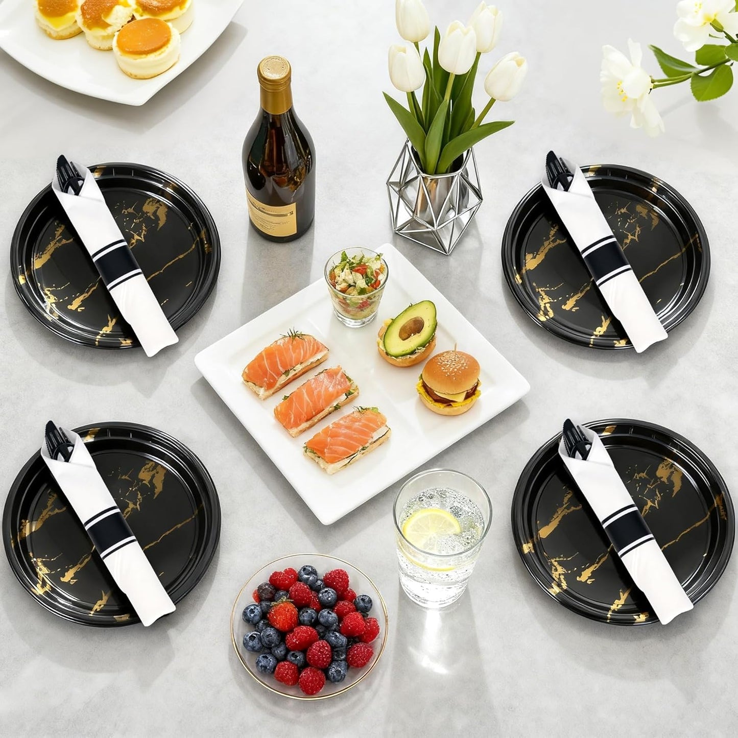 50 Pack Pre Rolled Black Plastic Silverware Set,Wrapped Plastic Cutlery Set with Napkin Include 50 Forks,50 Spoons,50 Knives and 50 White Napkins for Party,Wedding