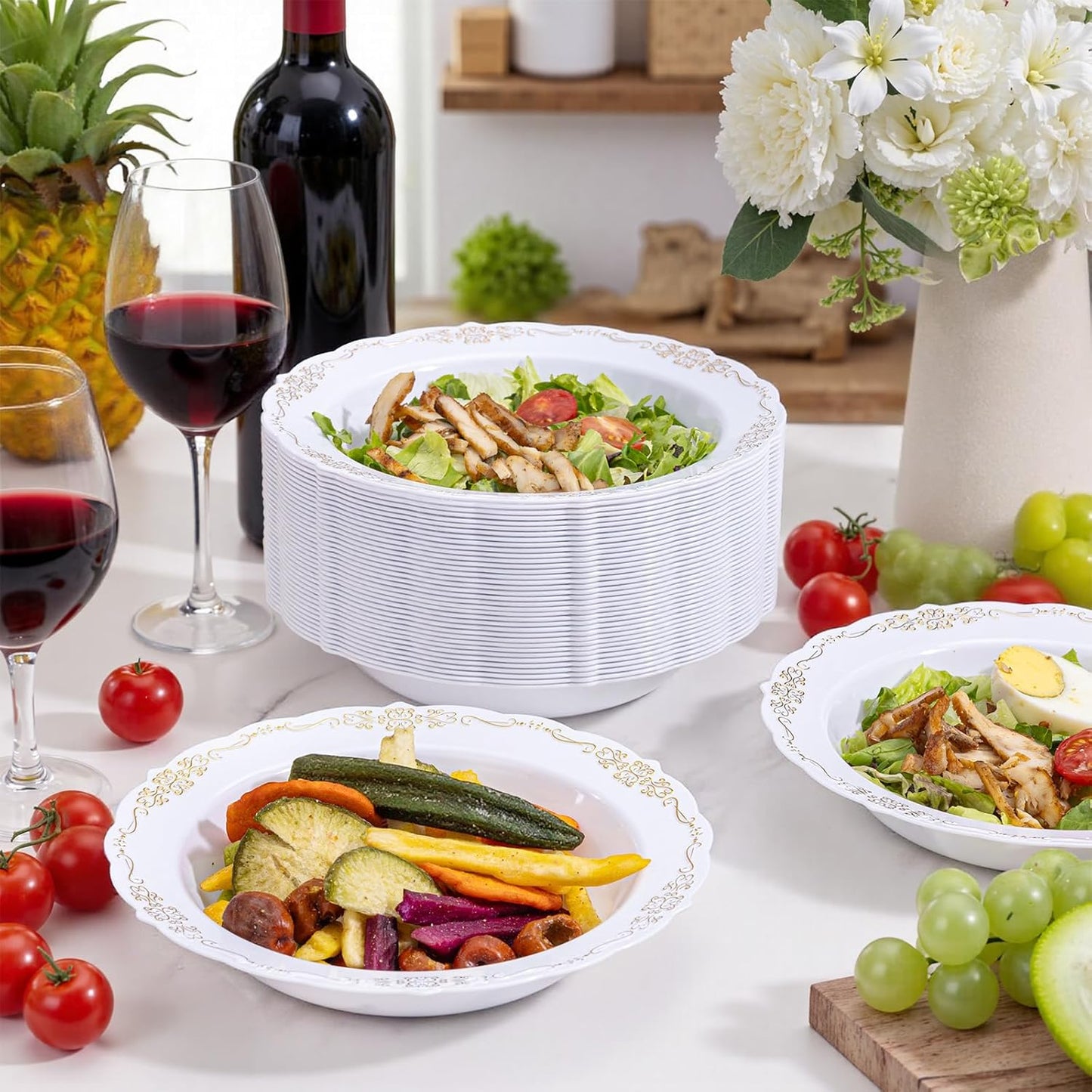 DaYammi 100 Pack Plastic Bowls with Gold Rim, 12oz Disposable Soup Bowls, Plastic bowls Disposable Heavy Duty Dinner bowls for Weddings, Parties, Catering and Everyday Use