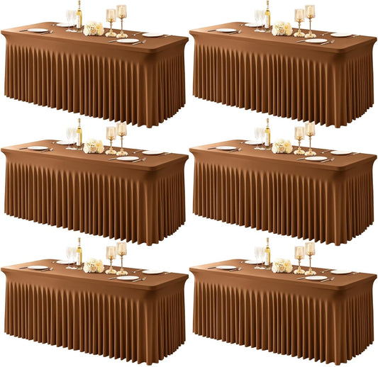6 Packs Brown Table Clothes for 8 Foot Rectangle Tables, One-Piece Wrinkle Resistant Stretch Spandex Table Covers with Skirt for Event Banquet Wedding Birthday Party
