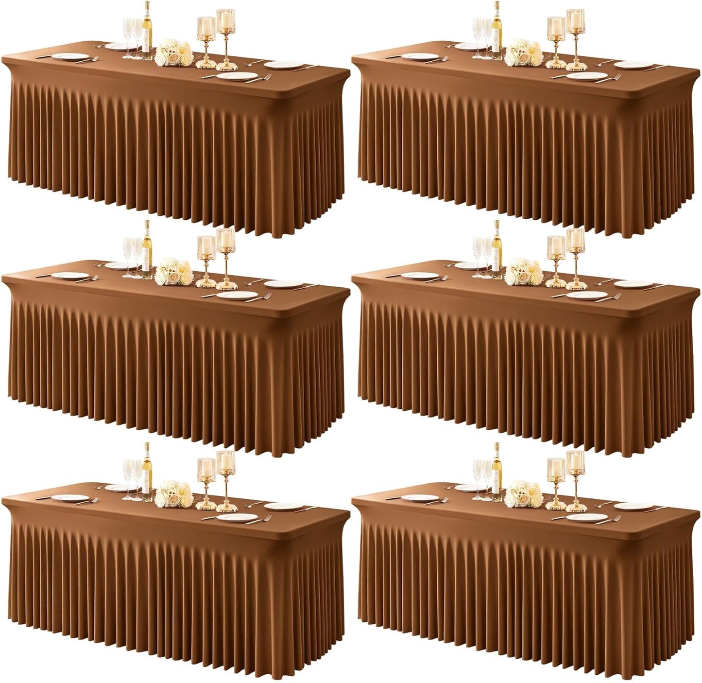 6 Packs Brown Table Clothes for 6 Foot Rectangle Tables, One-Piece Wrinkle Resistant Stretch Spandex Table Covers with Skirt for Event Banquet Wedding Birthday Party