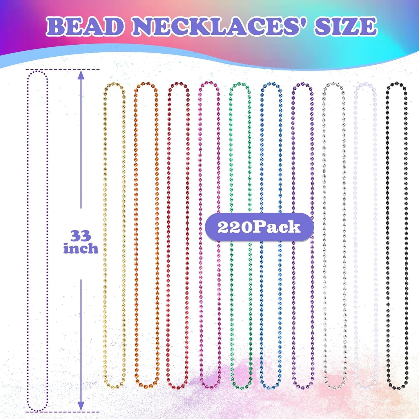220 PCS Colorful Bead Necklace, 33 Inch Mardi Gras Christmas Beads, Bulk Metallic Party Beads for Mardi Gras Parade, St Patricks Day, Wedding, Birthday, Pirate Party, Carnival Party Favors