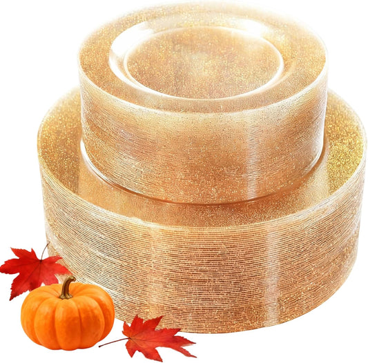 WDF 120PCS Gold Plastic Plates- Disposable Gold Glitter Plates, Premium Heavy Duty 60-10.25" Dinner Plate and 60-7.5" Salad Plate for Thanksgiving Parties &Wedding