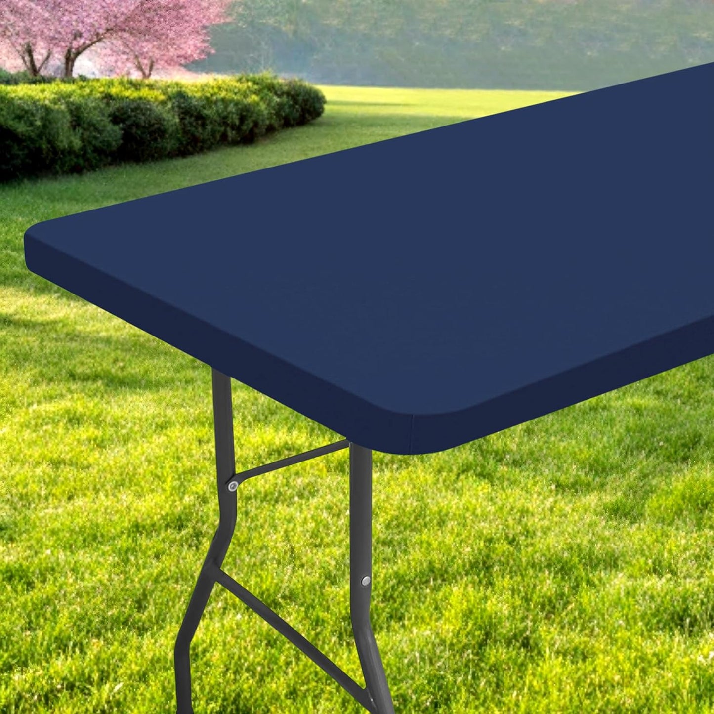 Rectangle Table Cloth, Waterproof Elastic Fitted Tablecloth for 6 Foot Folding Tables, Washable Polyester Tablecloths for Picnic, Camping, Outdoor (Navy Blue, 30"x72")