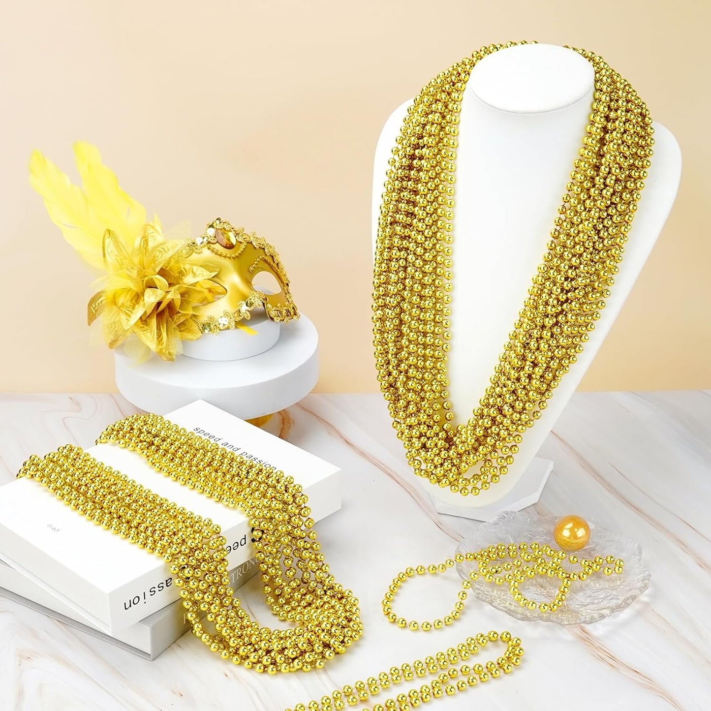 YAXINRUI 24 PCS Gold Mardi Gras Beads, Gold Bead Necklaces, Christmas Bead Necklaces, 33 Inch Round Beaded Necklaces for Mardi Gras Party Christmas New Year Eve Festive Events, Party Favors