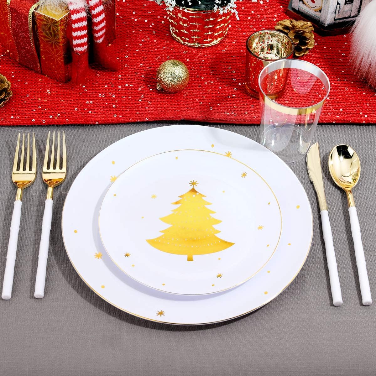 WDF 50Pieces Gold Plastic Plates-Christmas Tree Plastic Plates-Heavyweight White and Gold Disposable Plates for Christmas