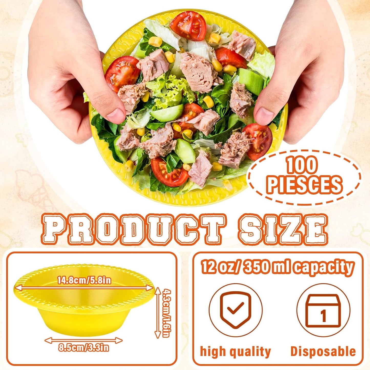 Lallisa 100 Pcs 12oz Yellow Disposable Plastic Bowls Dessert Cups Ice Cream Snack Salad Soup Food Serving Bowls for Party Favor Picnic