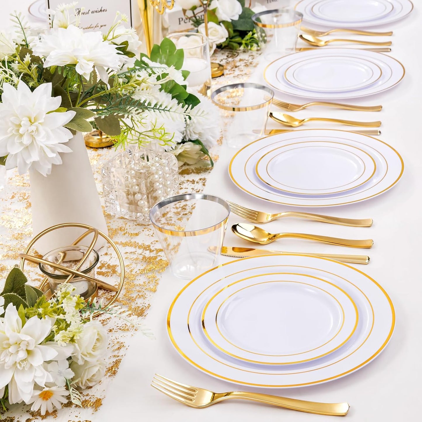 WELLIFE 300Pcs Gold Dinnerware Set for 50 Guests, Gold Rim Plastic Plates Disposable, 50 Dinner and 50 Salad Plates, 50 Cups, 50 Silverware Set for Party